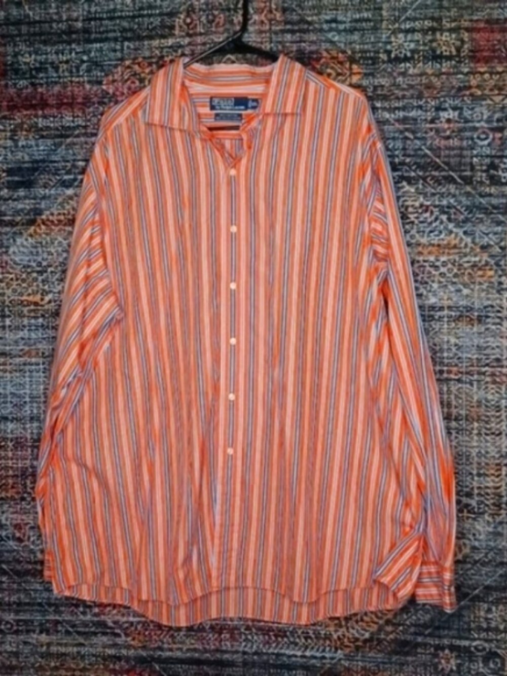 Ralph Lauren mens orange white navy Westerton striped button front shirt XXL EUC